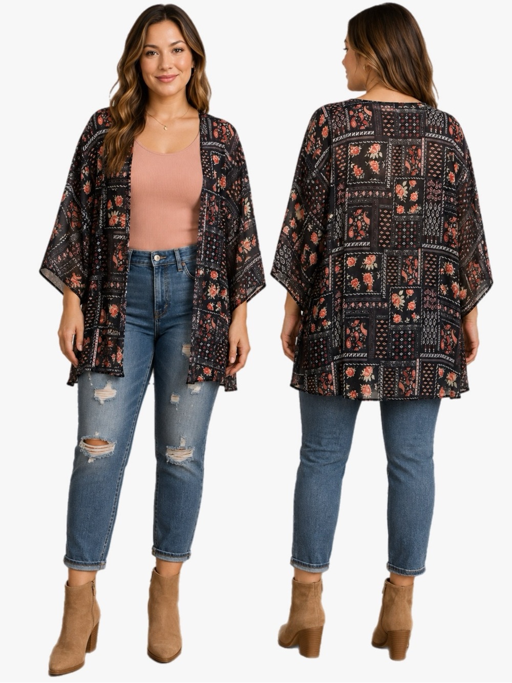 NEW Size XL Black Floral Paisley Patchwork Kimono Sheer Boho Cardigan Top